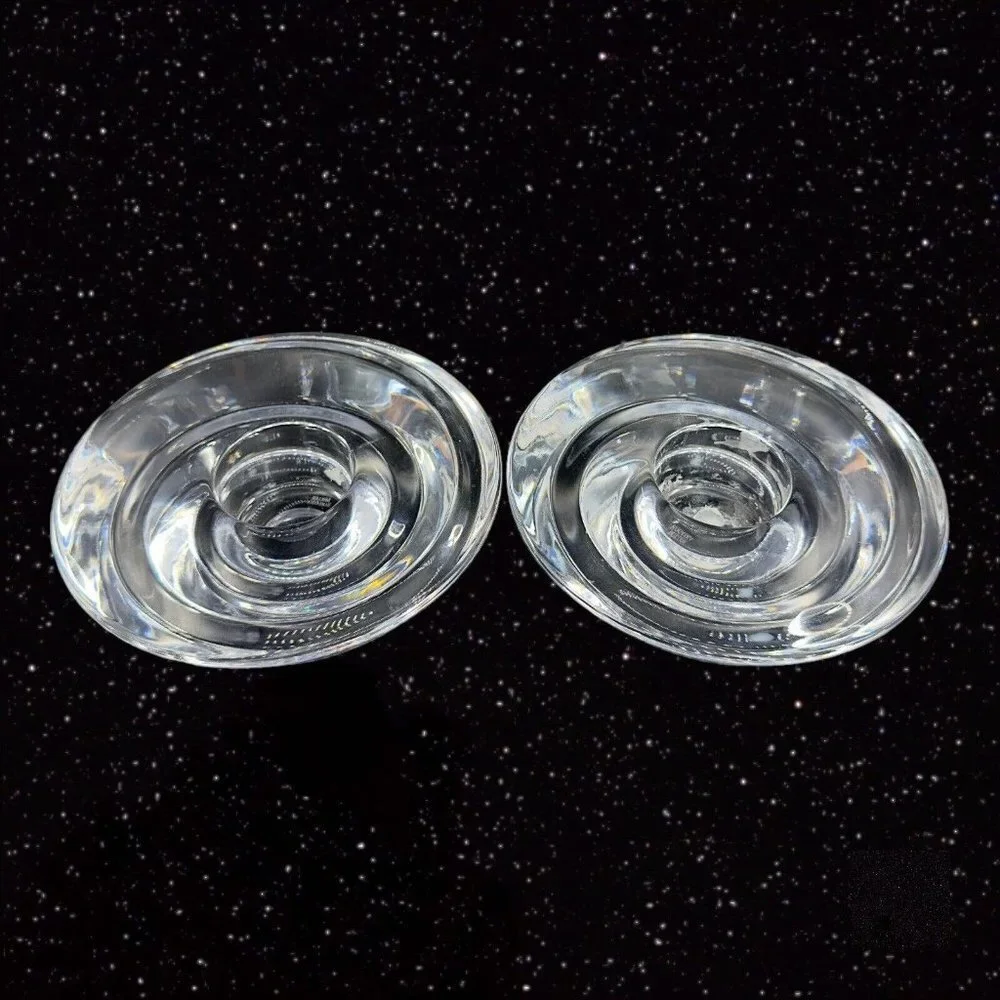 Vintage Miller‎ Rogaska Clear Tapper Candle Stick Holder Set 2 Votive Swirls VTG